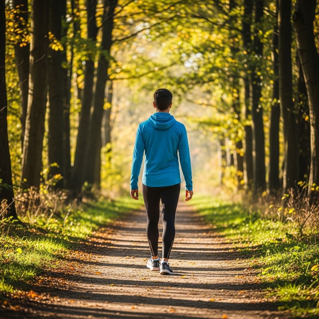 Aktivna odrasla oseba hodi po gozdni poti med drevesi ob sončnem jutru, simbolizira zdrav in aktiven življenjski slog