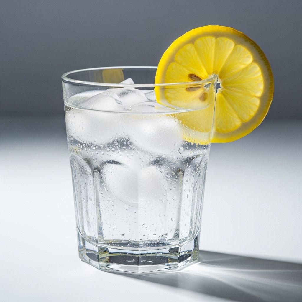 Kristalno čist kozarec vode z ledenimi kockami in rezino limone na svetlem ozadju, simbolizira pomen hidracije za telo