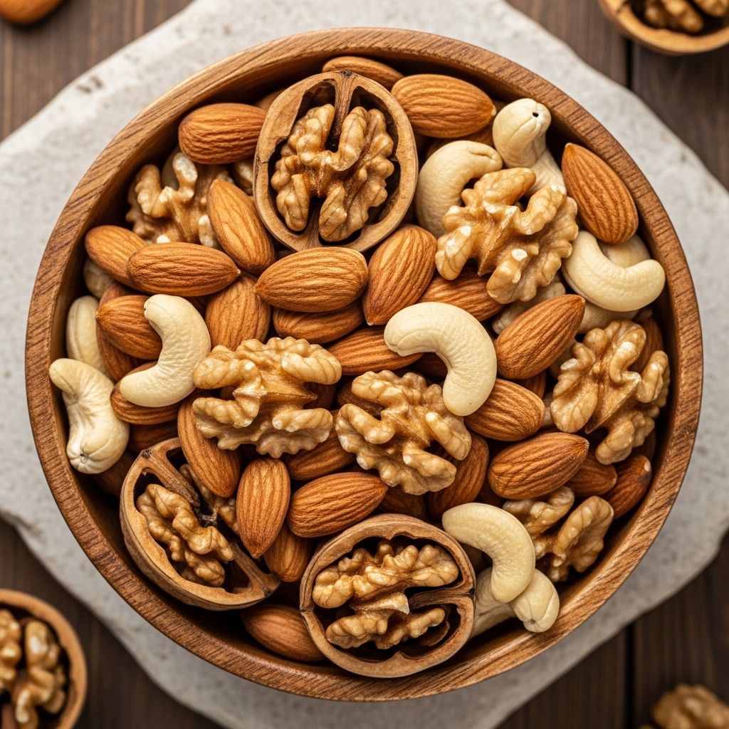 Mešanica sveže oreščkov – mandlji, orehi in indijski oreščki – v leseni skledi na naravnem ozadju, vir magnezija in zdravih maščob