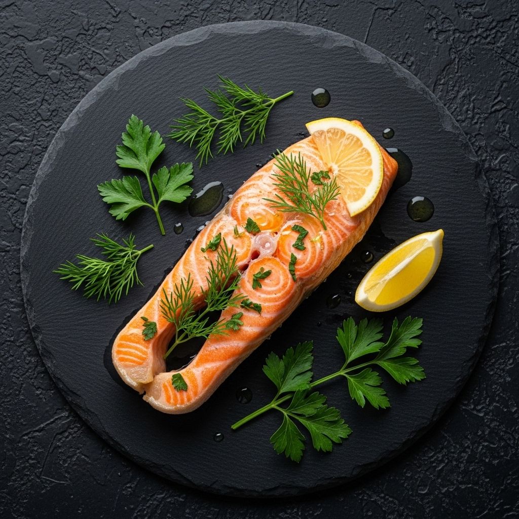 Sveže pripravljen losos na krožniku z zelišči in limonino rezino na temni kamniti podlagi, bogat vir omega-3 maščobnih kislin