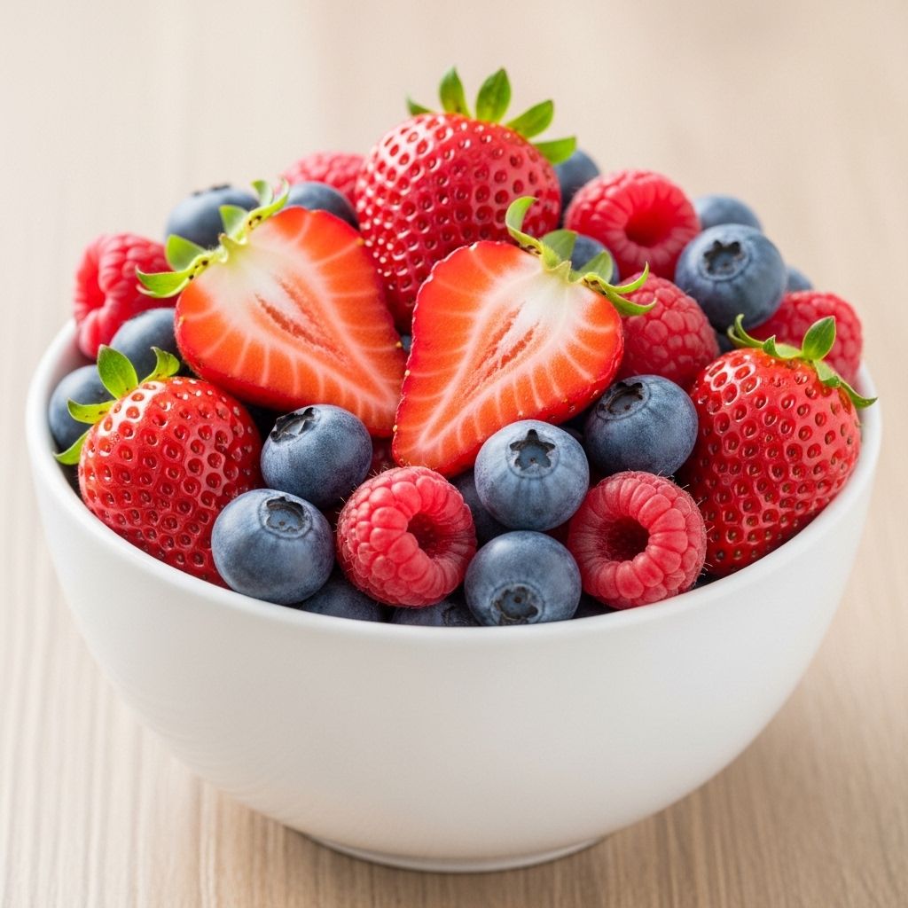 Sveže jagode, borovnice in maline v beli skledi, bogati z vitaminom C in antioksidanti, na svetlem lesnem ozadju